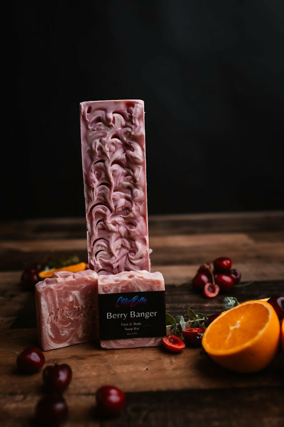 berry banger soap loaf and bars virtical