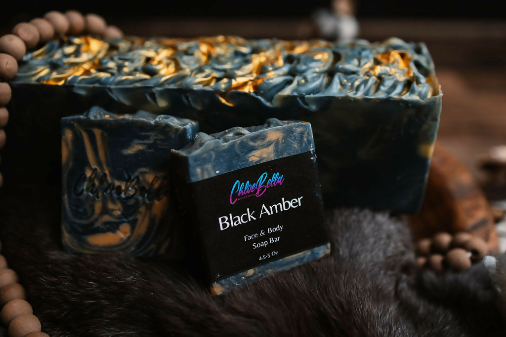 black amber soap loaf and bars