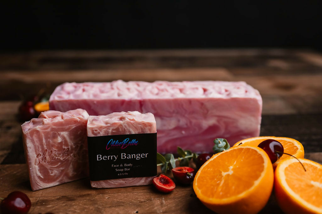 berry banger soap loaf and bars